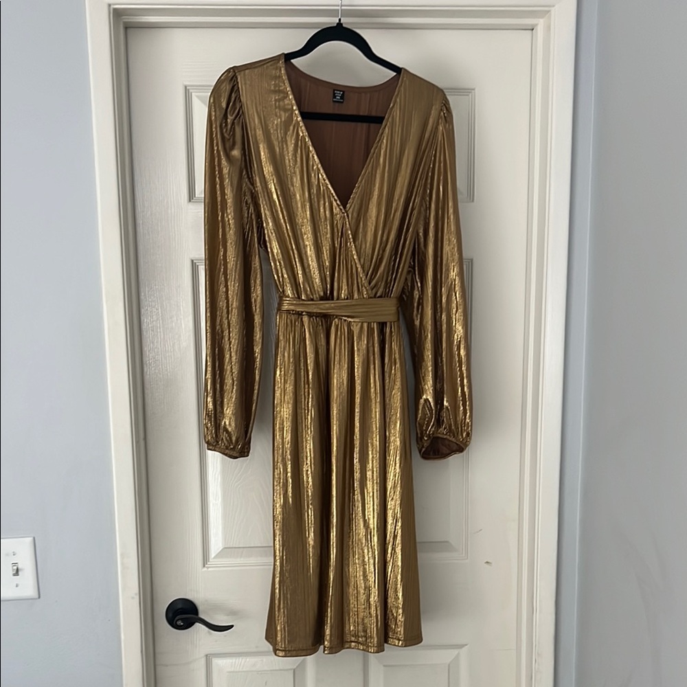 SHEIN Gold Pleated Wrap Dress with Bishop Sleeves